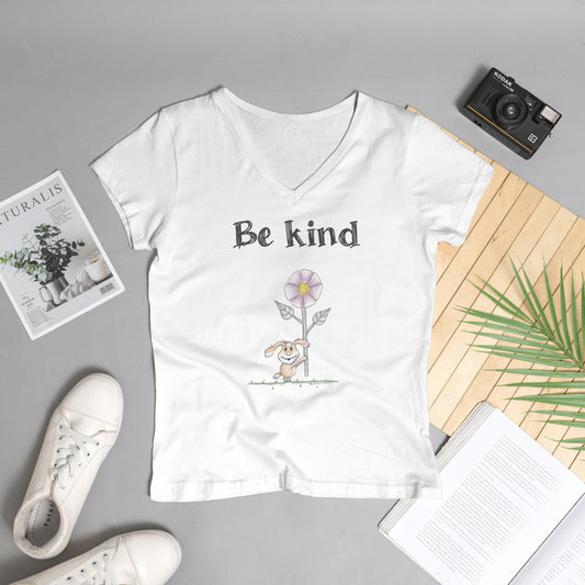 Be Kind Cute Puppy Women’s V-Neck T-Shirt – Hand-Drawn Dog Lover Tee | Mitten Hippie