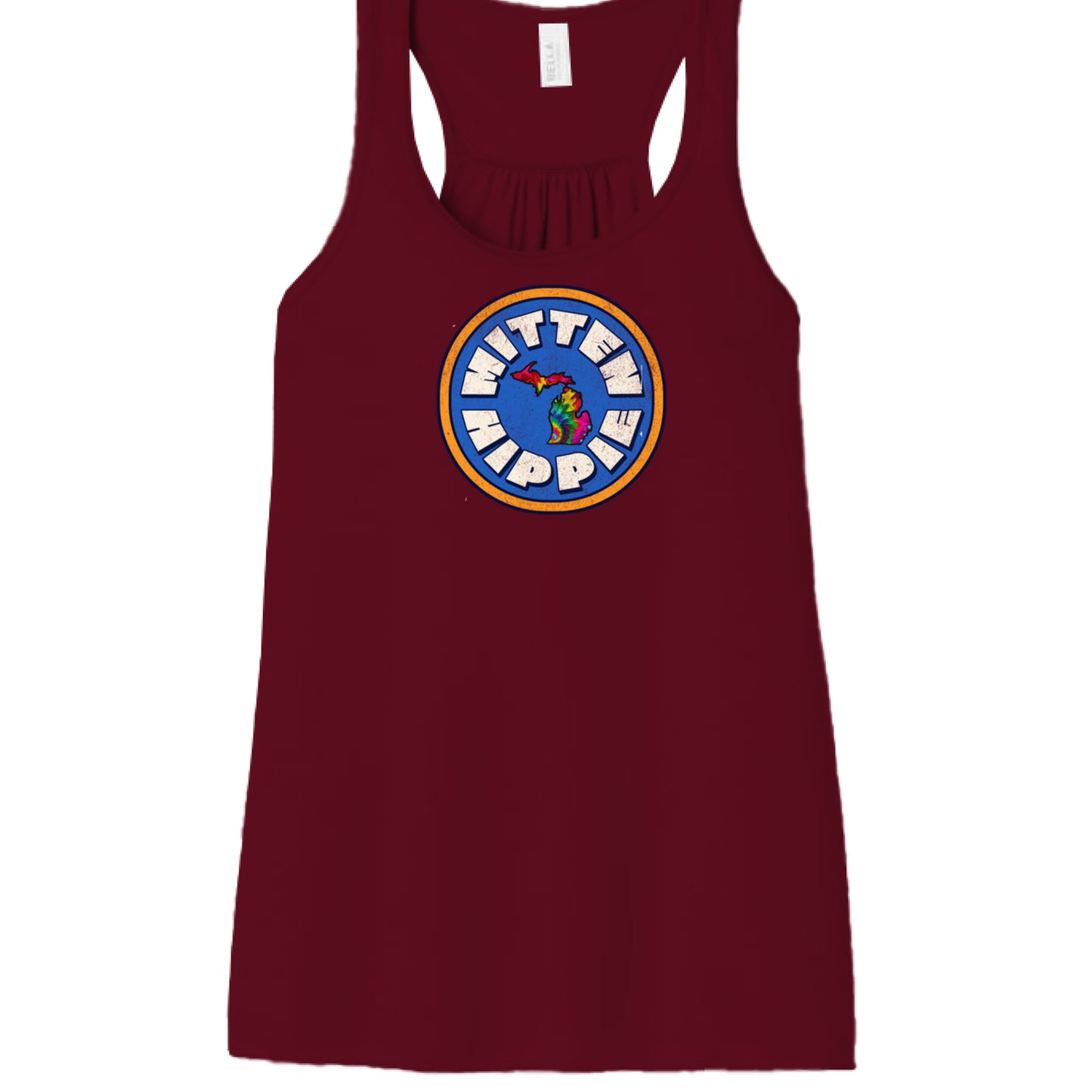 MAROON - FRONT Blue-Yellow Mitten Hippie Logo racerback tank top with Michigan logo by Mitten Hippie Apparel, floaty tank