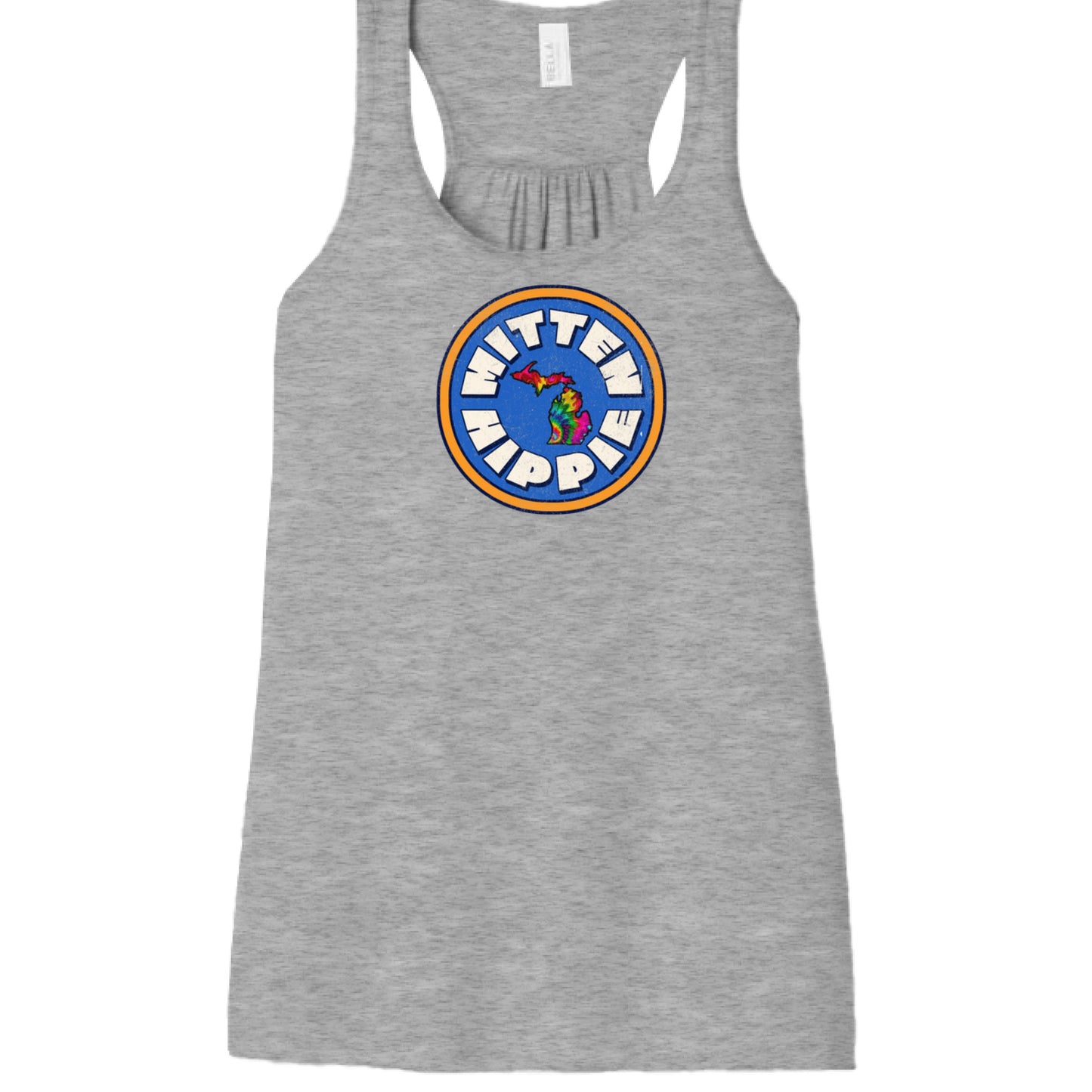 ATHLETIC HEATHER - FRONT Blue-Yellow Mitten Hippie Logo racerback tank top with Michigan logo by Mitten Hippie Apparel, floaty tank