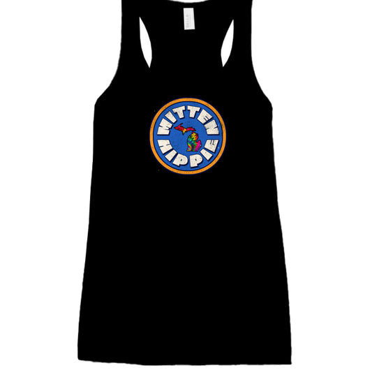 BLACK - FRONT Blue-Yellow Mitten Hippie Logo racerback tank top with Michigan logo by Mitten Hippie Apparel, floaty tank