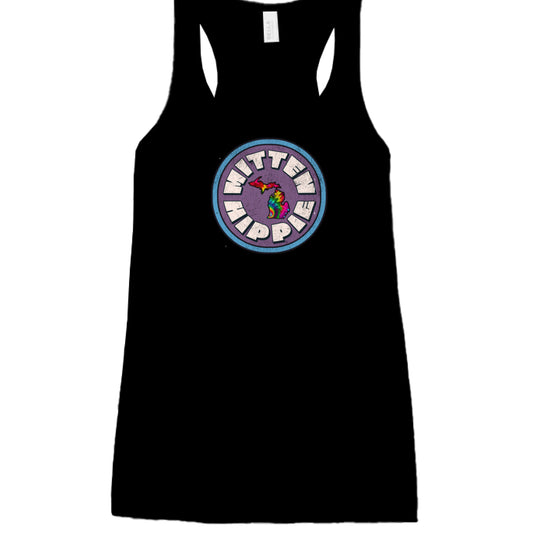 BLACK - FRONT Purple Blue Mitten Hippie Logo racerback tank top Michigan logo by Mitten Hippie Apparel, floaty tank