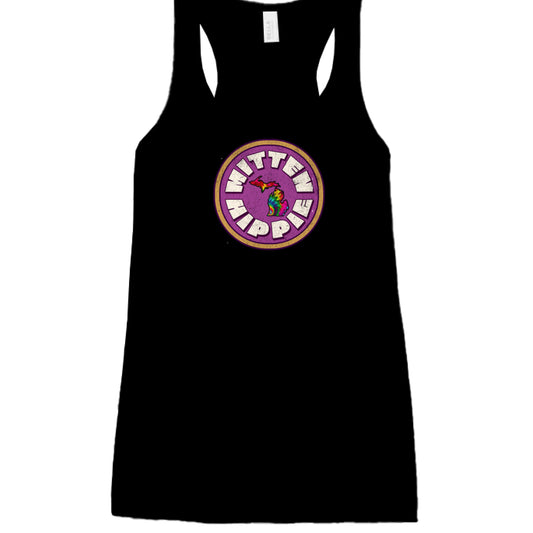 BLACK - FRONT Pink Mustard Mitten Hippie Logo racerback tank top with Michigan logo by Mitten Hippie Apparel, floaty tank