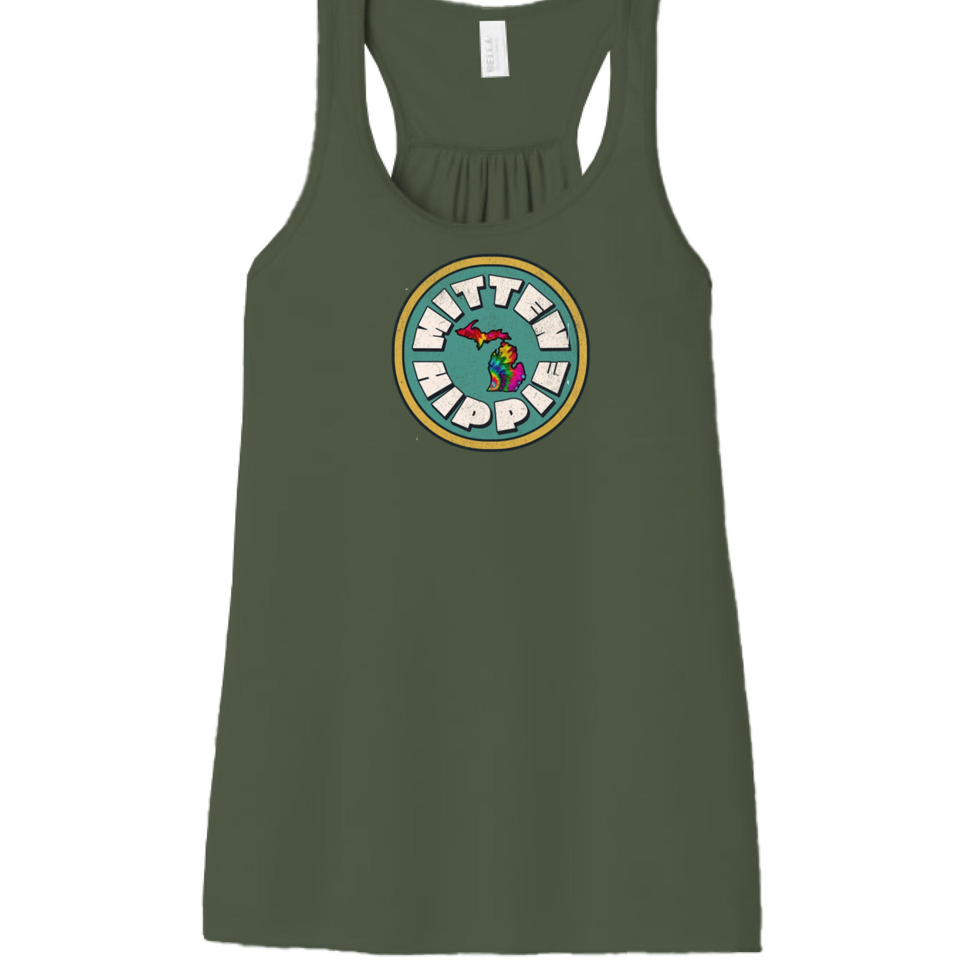 Military Green - FRONT Teal Yellow Mitten Hippie Logo racerback tank top with hand-drawn Michigan logo by Mitten Hippie Apparel, floaty tank