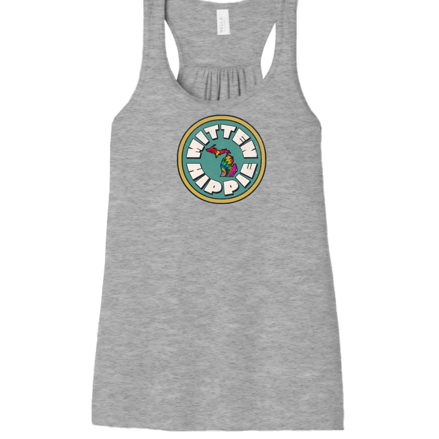 ATHLETIC HEATHER - FRONT Teal Yellow Mitten Hippie Logo racerback tank top with hand-drawn Michigan logo by Mitten Hippie Apparel, floaty tank