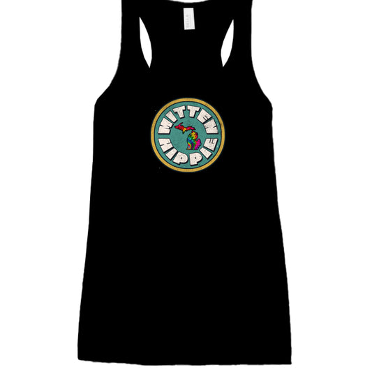 BLACK - FRONTTeal Yellow Mitten Hippie Logo racerback tank top with hand-drawn Michigan logo by Mitten Hippie Apparel, floaty tank