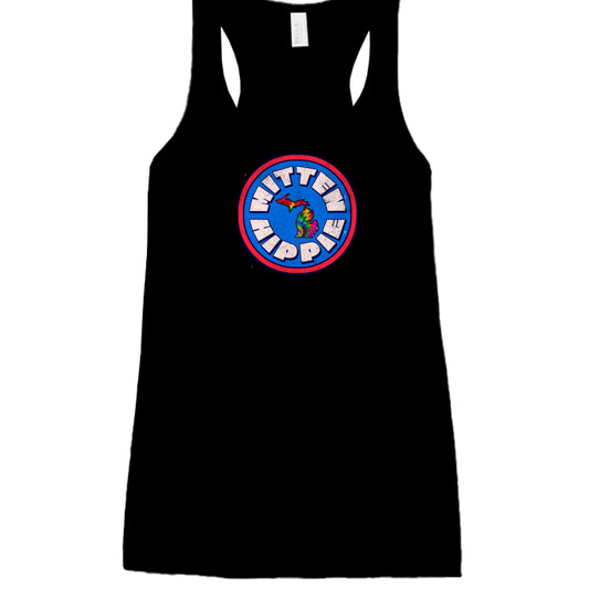 BLACK - FRONT Blue Red Mitten Hippie Logo tank top with hand-drawn Michigan logo by Mitten Hippie Apparel, racerback