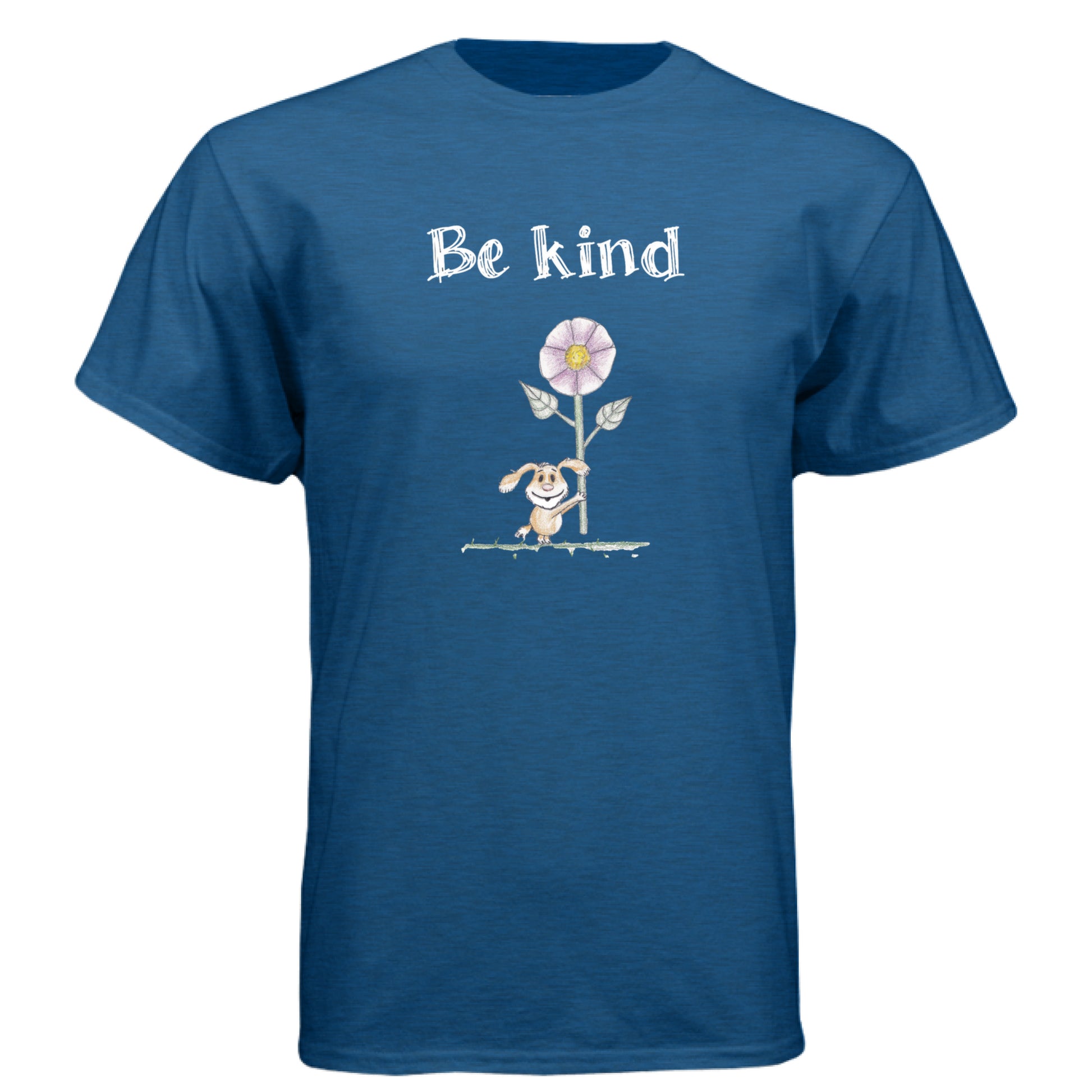 Heather Cool Blue - FRONT Be Kind Puppy t-shirt with hand-drawn puppy holding flower and “Be kind” text by Mitten Hippie Apparel, positive graphic tee