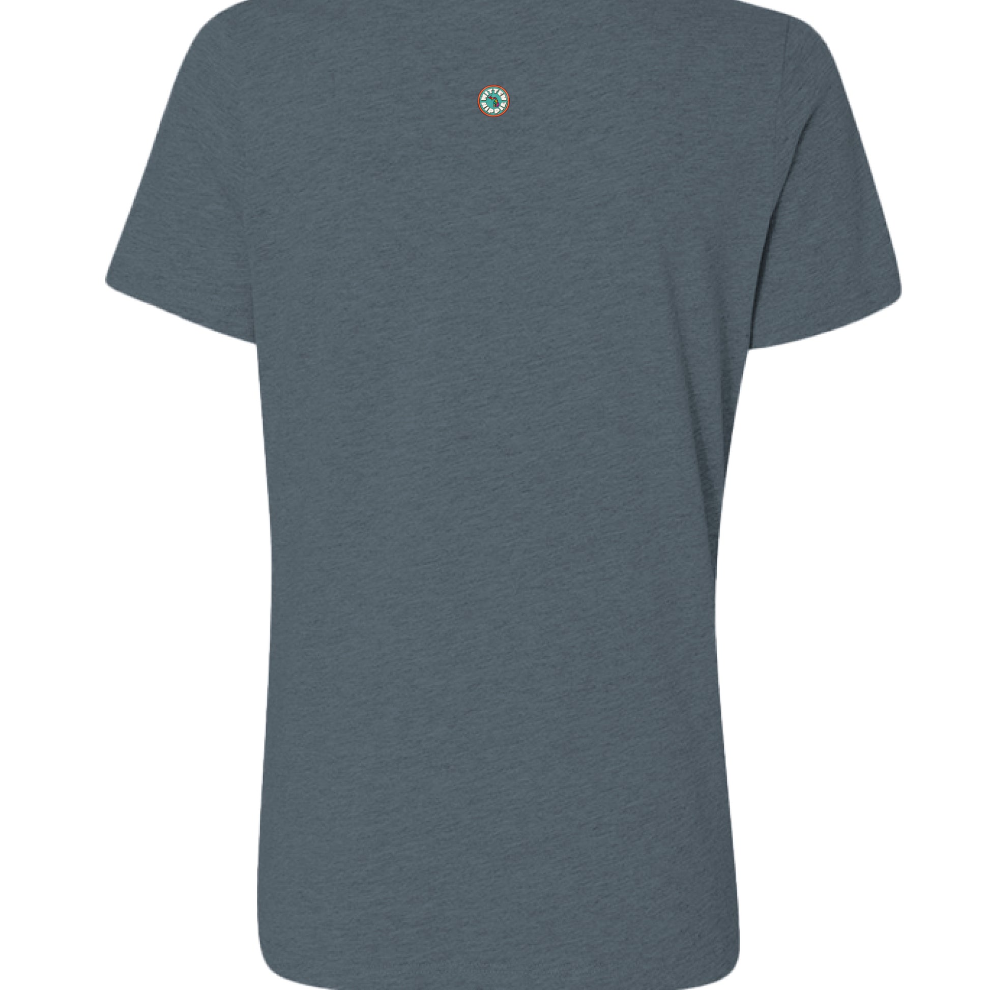 Heather Slate - BACK of Cool Beans v-neck t-shirt with Mitten Hippie Apparel logo
