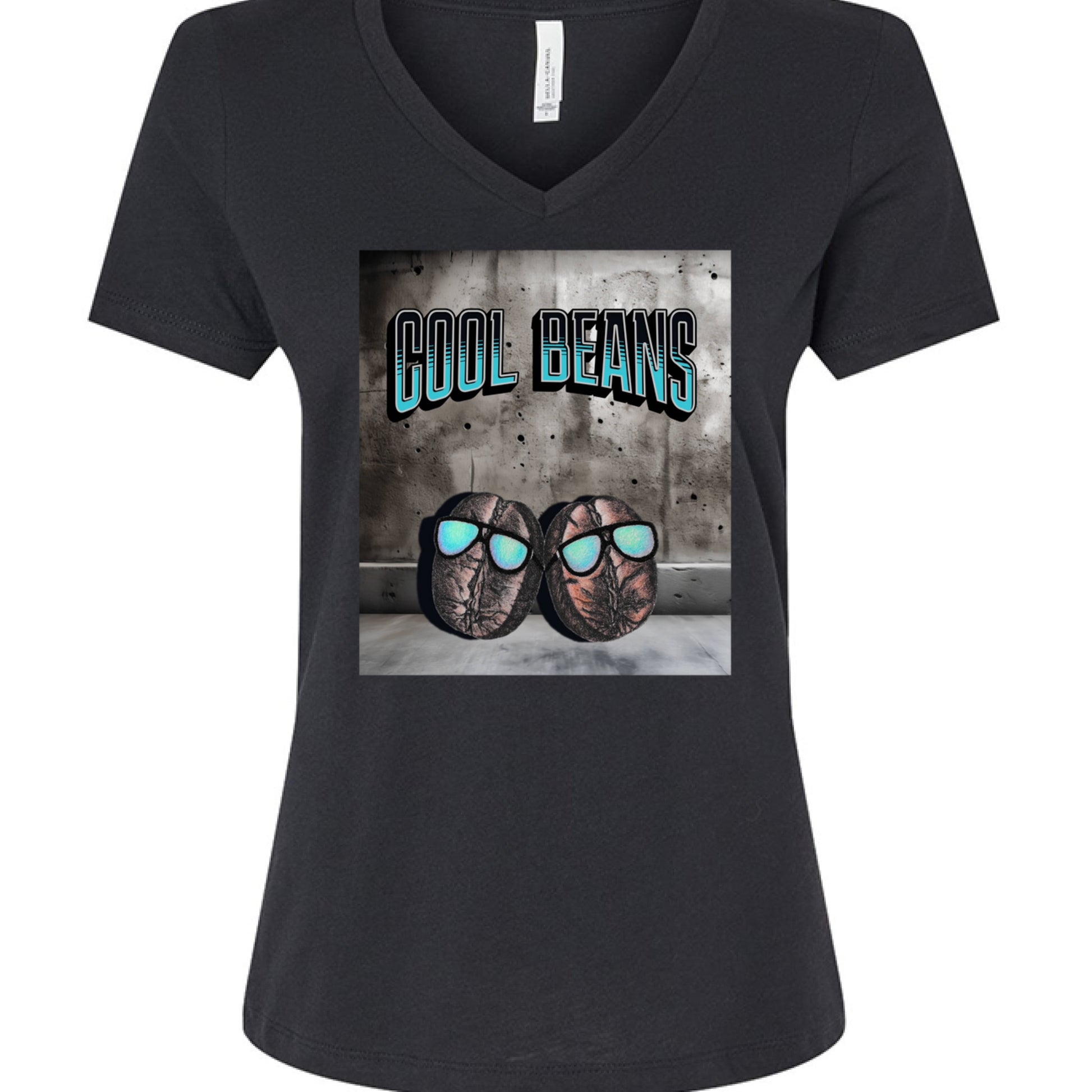 Solid Black Blend - FRONT Cool Beans v-neck t-shirt with hand-drawn beans wearing sunglasses and bold text by Mitten Hippie Apparel, funny pun shirt