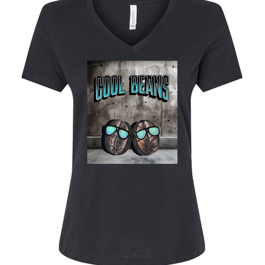 Solid Black Blend - FRONT Cool Beans v-neck t-shirt with hand-drawn beans wearing sunglasses and bold text by Mitten Hippie Apparel, funny pun shirt