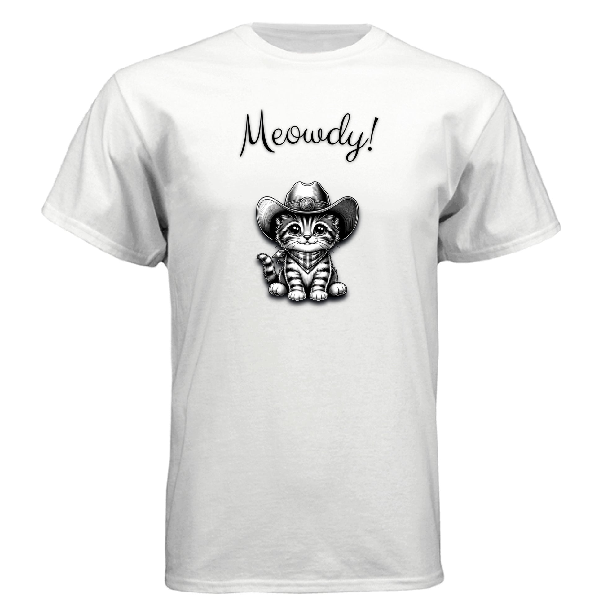 White - Meowdy” cat cowboy graphic t-shirt by Mitten Hippie Apparel – funny, artistic, eco-friendly