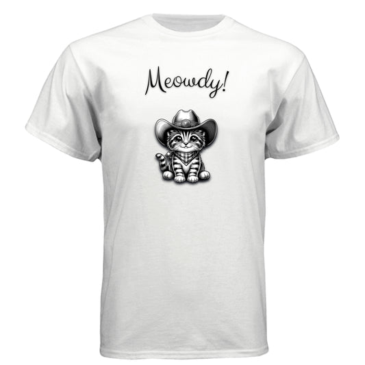 White - Meowdy” cat cowboy graphic t-shirt by Mitten Hippie Apparel – funny, artistic, eco-friendly