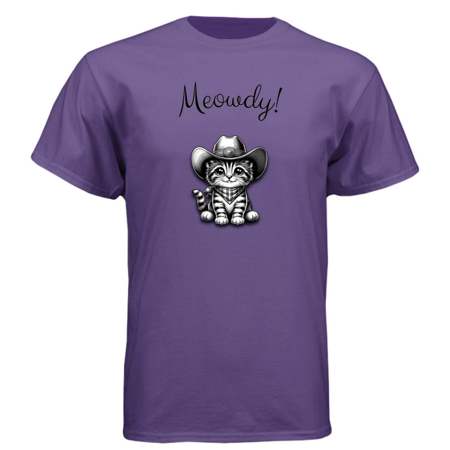 Purple Rush - FRONT “Meowdy” cat cowboy graphic t-shirt by Mitten Hippie Apparel – funny, artistic, eco-friendly